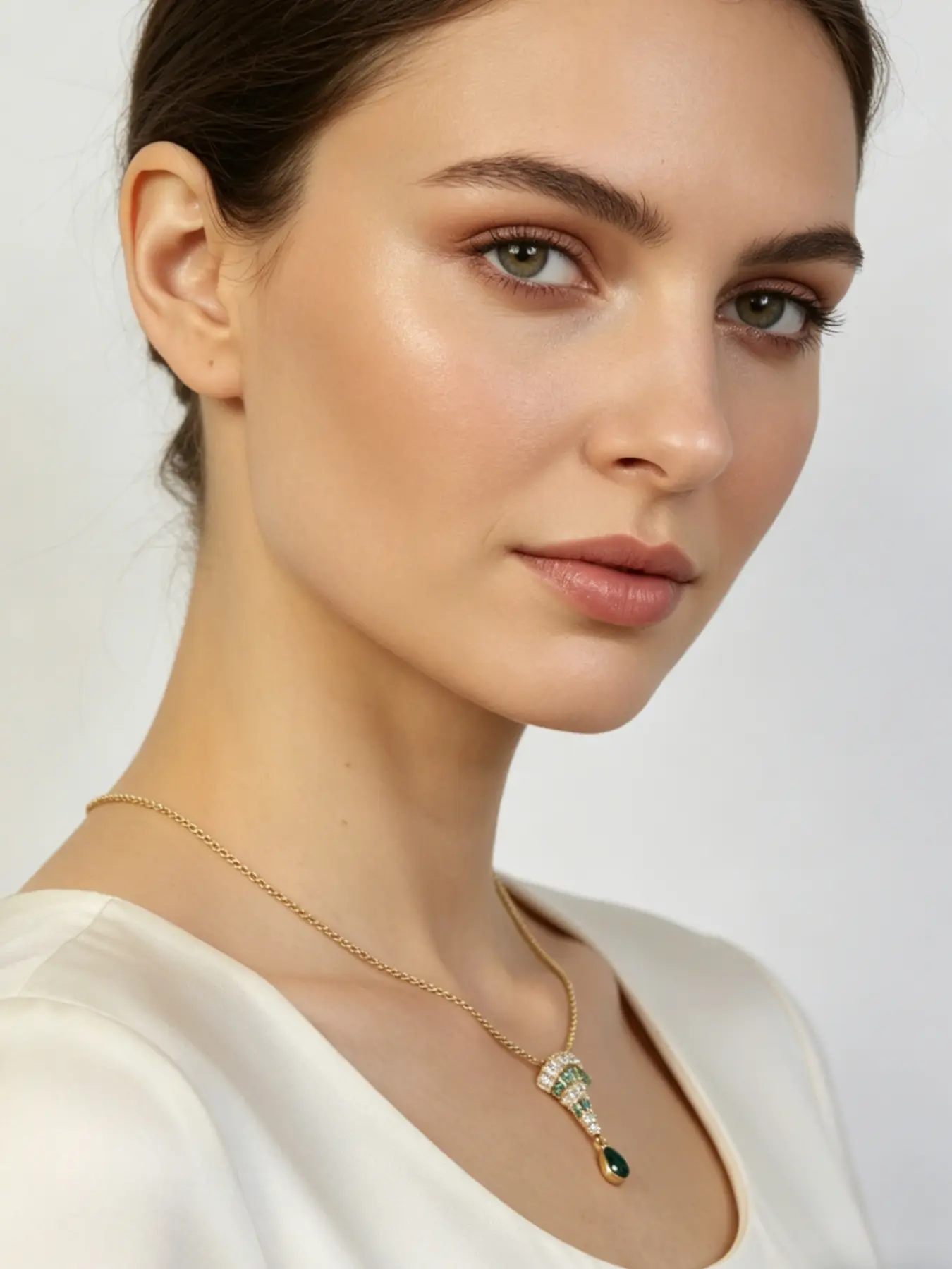 A light luxury fan shaped emerald pendant gold necklace, set with diamond fan-shaped pendant and water droplet shaped emerald pendant, exquisite and elegant, suitable for various scenarios such as daily commuting, dating, and light business.