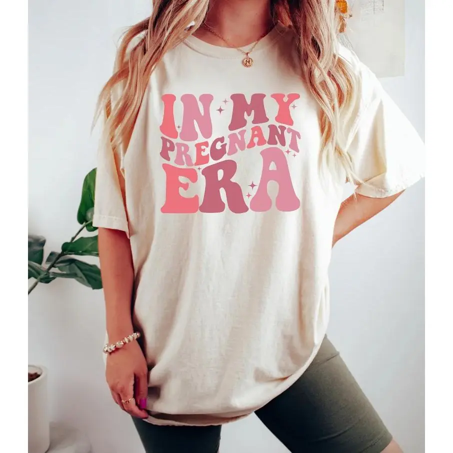 In My Pregnant Era Graphic Cotton Short Sleeve T‑Shirt, Cute Oversized Comfort Fashion Outfit, Pregnancy Best Gift For Her, Valentine's Day Holiday Present For Lover Family Friends