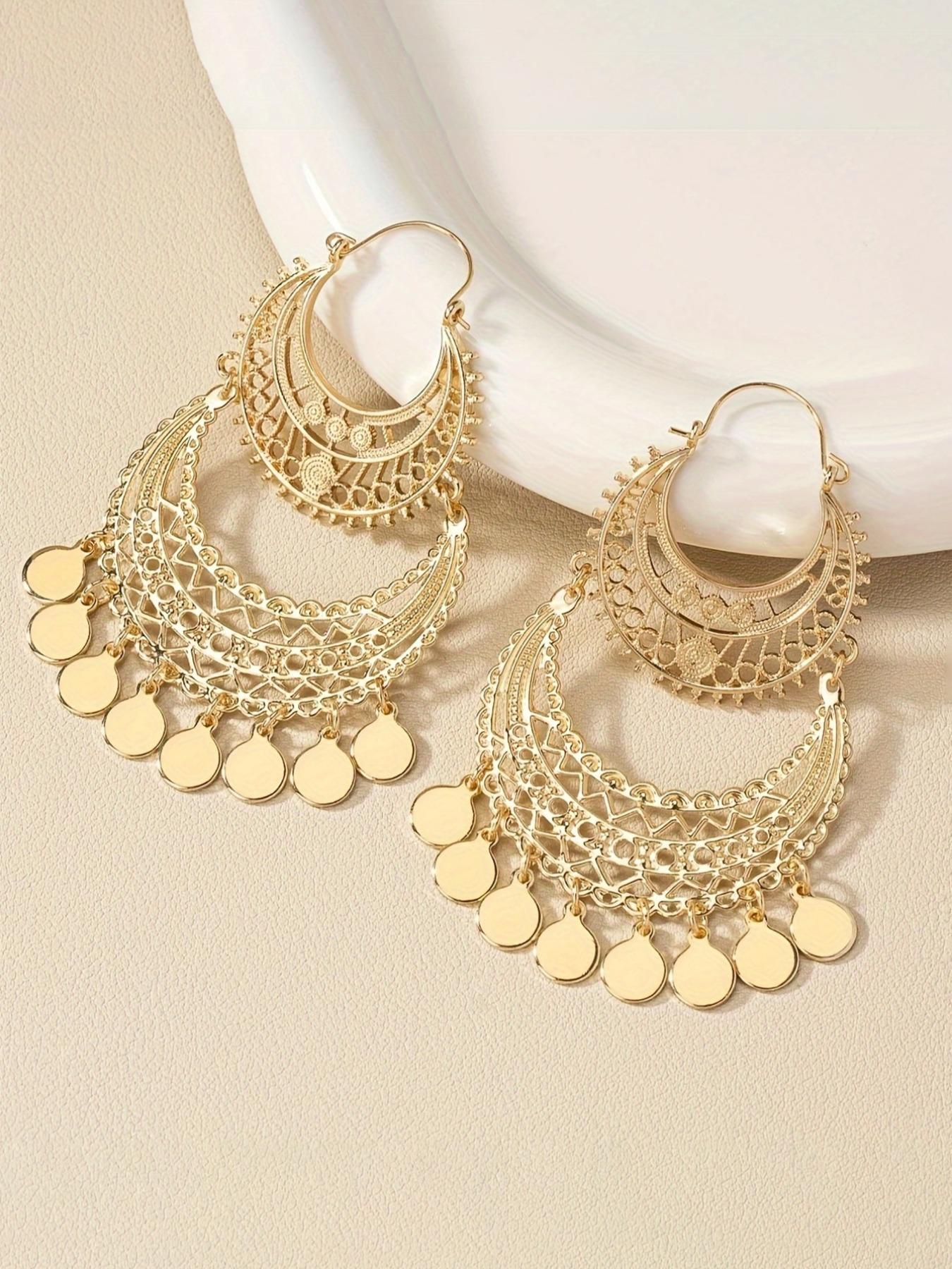 Boho Style Hollow Out Design Tassel Dangle Hoop Earrings, 1 Pair Fashion Jewelry for Party, Daily Clothing Decor, Trendy All-match & Exquisite Jewelry for Birthday Gift