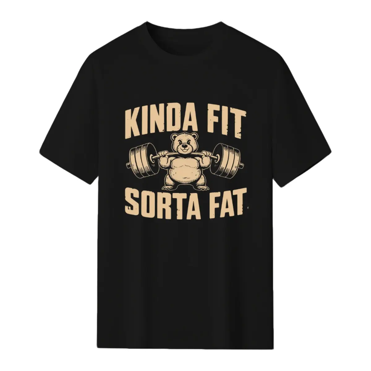 Funny Fitness Bear Lifting Barbell Print T Shirt "Kinda Fit Sorta Fat" Humorous Workout Vintage Distressed Black Casual Streetwear Top