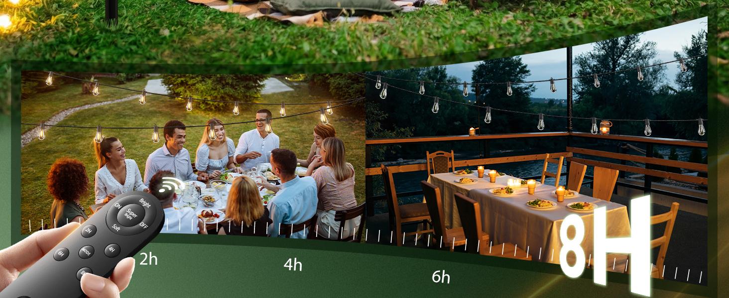 54FT(48+6) Solar String Lights Outdoor Waterproof with USB Charging & Remote Control - Dimmable Solar Power Patio Lights with LED Bulbs for Porch, Garden, Yard, Market, Bistro - Last for 20+Hrs