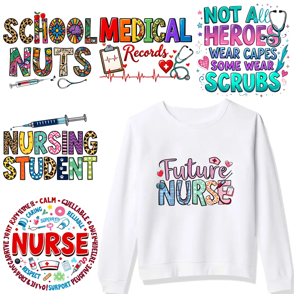 6 Pcs Future Nurse Iron on Transfers for Clothing T-Shirt Jeans Applications for clothing, T-shirts, jeans, backpacks, hats, pillows. DTF Transfers Ready iron on decals casual style. Iron On Transfer Patches
