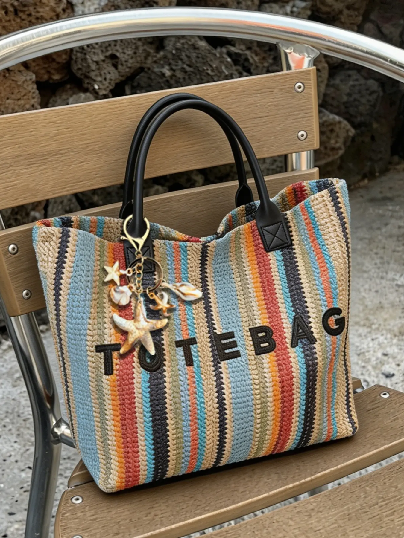 Fashion vacation-style colorful striped woven large-capacity tote bag, with ocean shell pendant casual gentle shoulder bag for daily commute Casual Commuter Bag lightweight handbag