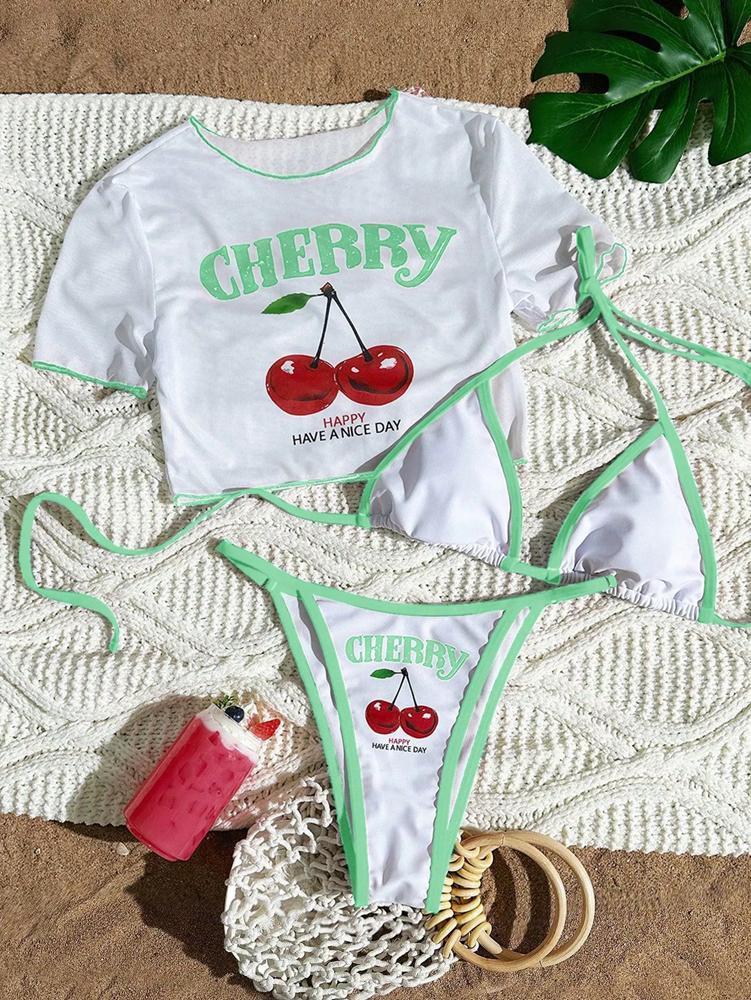 CHERRY Bikini 2026 New & Fresh Feeling Bathing Suit Three-Piece Swimsuit Print Beach Swimwear 7 Colors Size S-XL Available