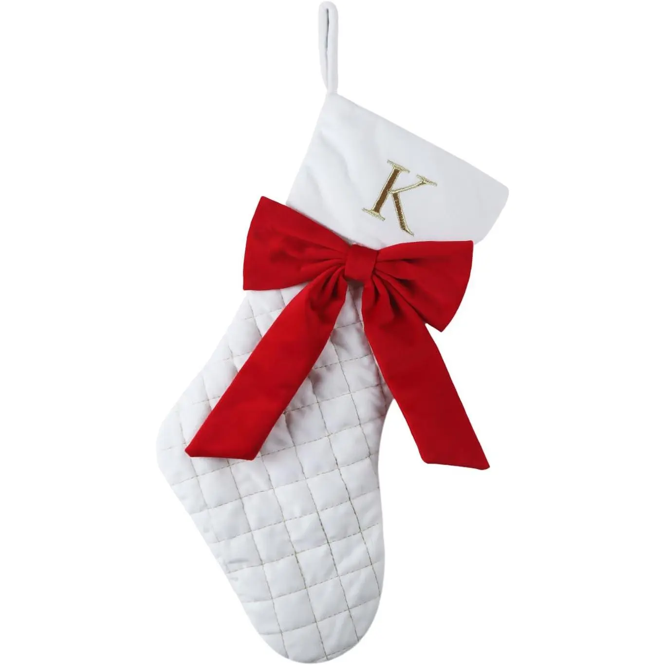 Personalized White 20 Inch Large Christmas Stockings with Initials, Gold Embroidered Red Bow, Hanging Decorations for Christmas Tree Fireplace Holiday Party (K)