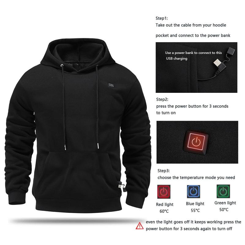 Men's Black USB Heated Hoodie - USB powered, adjustable heating and hood, perfect for winter riding, camping and cold morning commutes