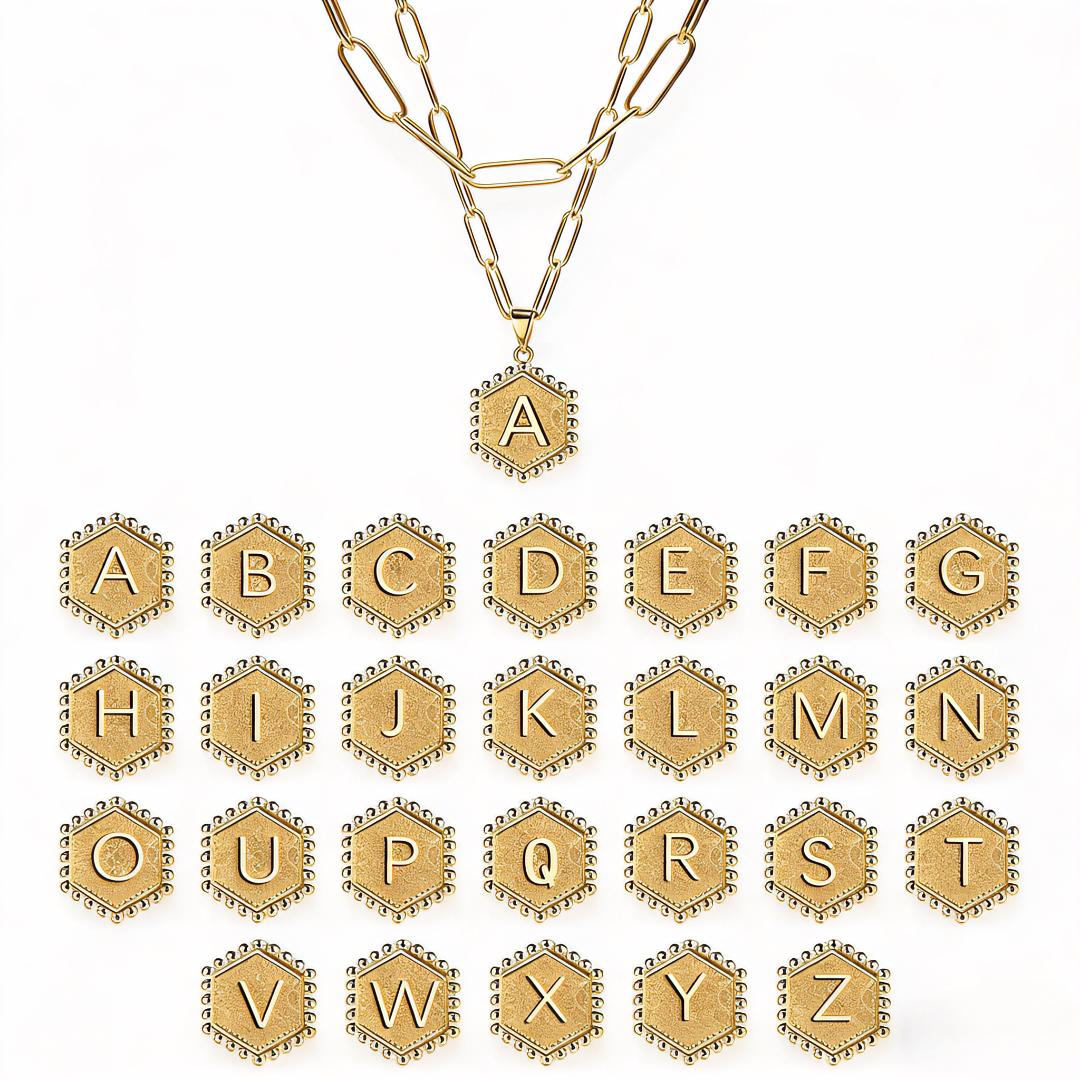 FAITHOPIA 18K Gold Plated Initial Necklace  Women| Stainless Steel Layered Paperclip Chain| Hexagon Letter Pendant A-Z| Dainty Monogram Jewelry  Everyday Wear for