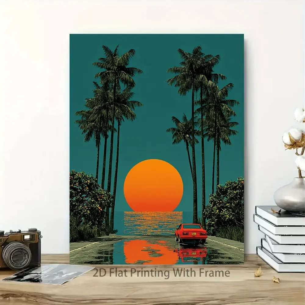 1 piece, [2D plane] with frame, 12x16inch / 16x24inch, < Beyond Sunset >   car driving palm tree canvas art painting, synthetic wave style painting, modern home decoration, 2D plane, perfect for room decoration