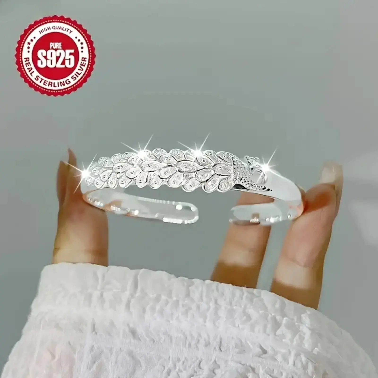 S925 Sterling Silver Peacock Cuff Bracelet | Adjustable Open Bangle Hypoallergenic for Women Men