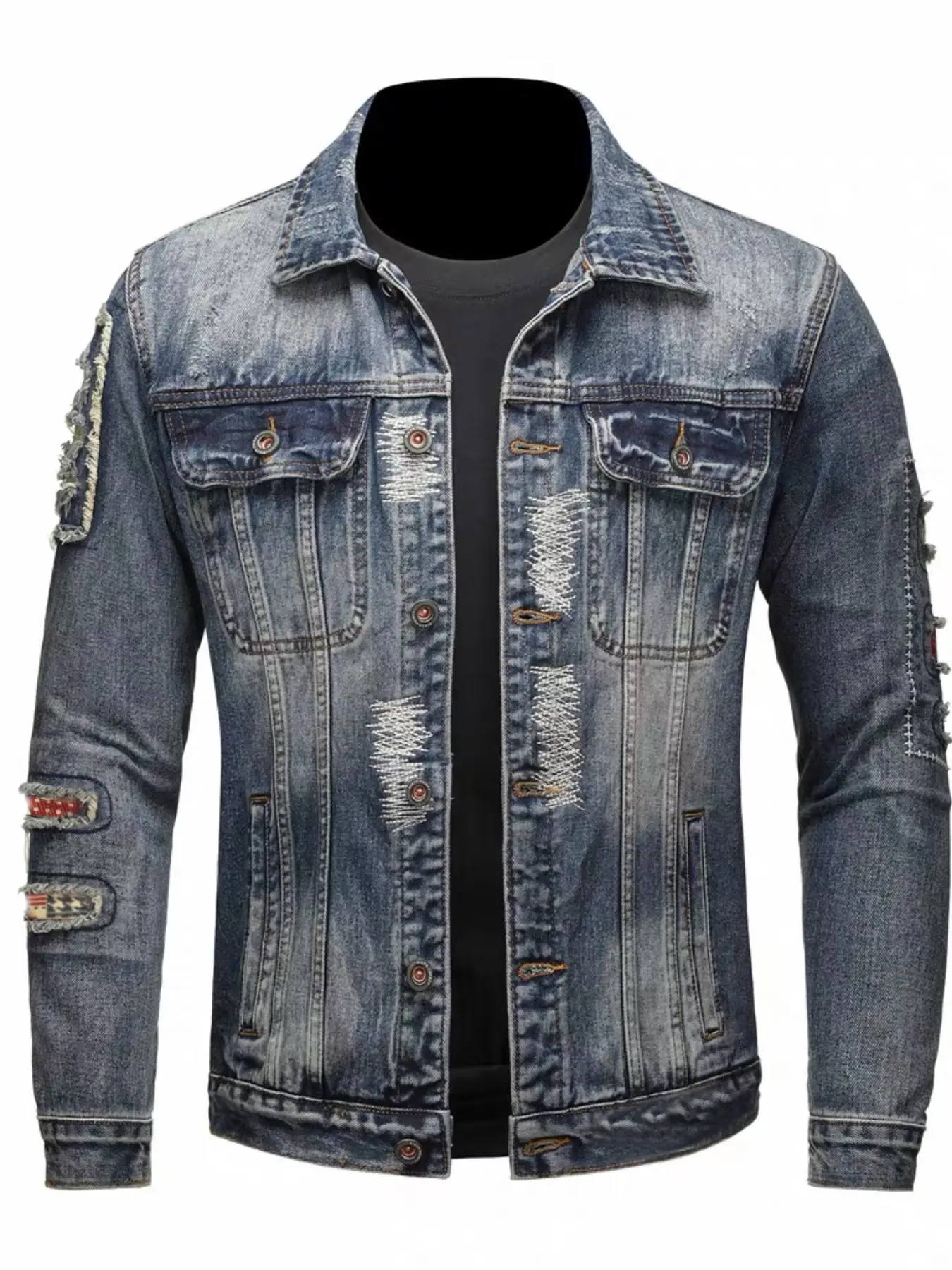 Men's Vintage Washed Embroidered Denim Jacket, Casual Slim-Fit Roll Collar Motorcycle Coat, Multi-Pocket Streetwear Outerwear, Casual Outerwears