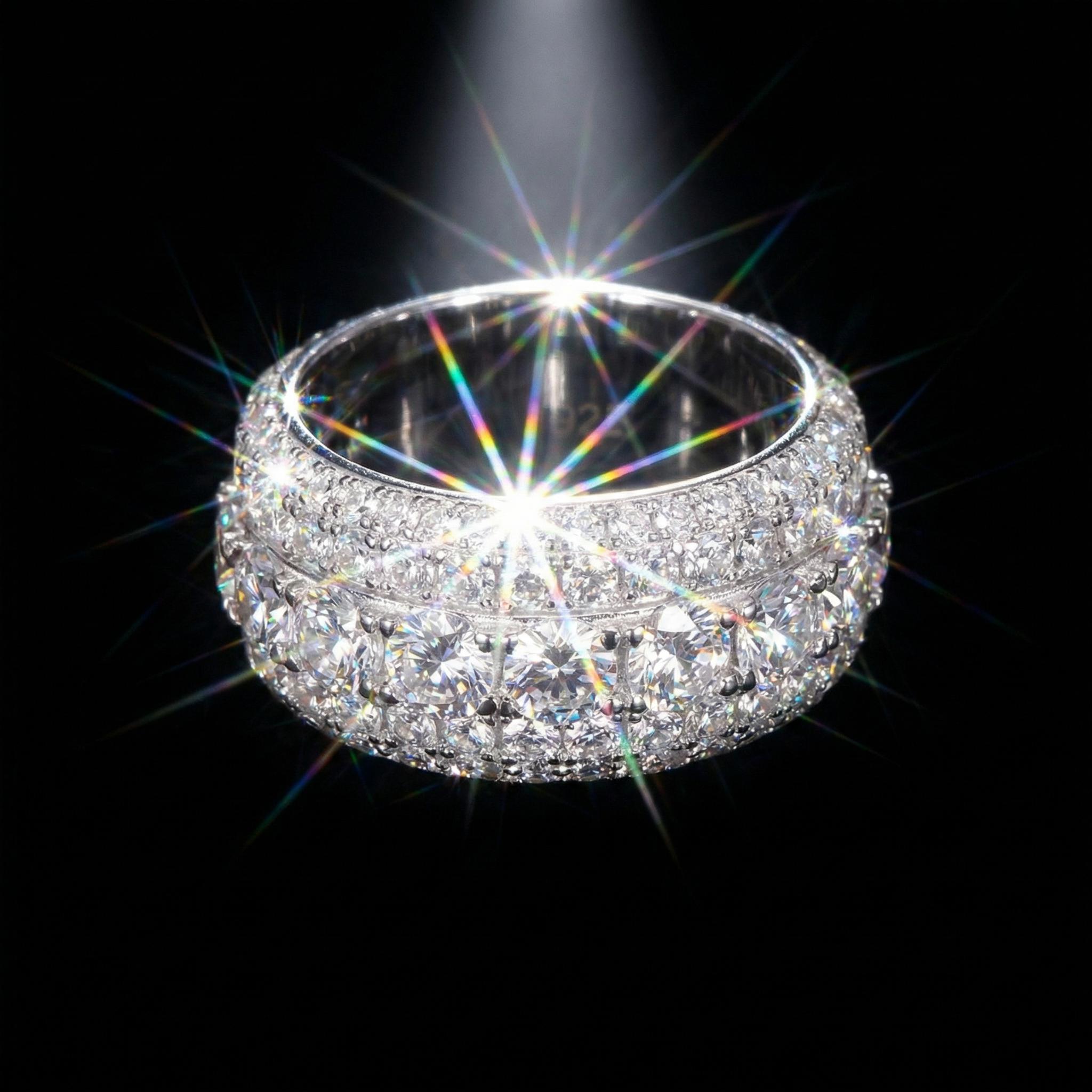 Moissanite Ring for Women - Triple Row Pave Setting D Color VVS1 Clarity 9.25 Hardness Lab Grown Diamond Alternative Engagement Wedding Band