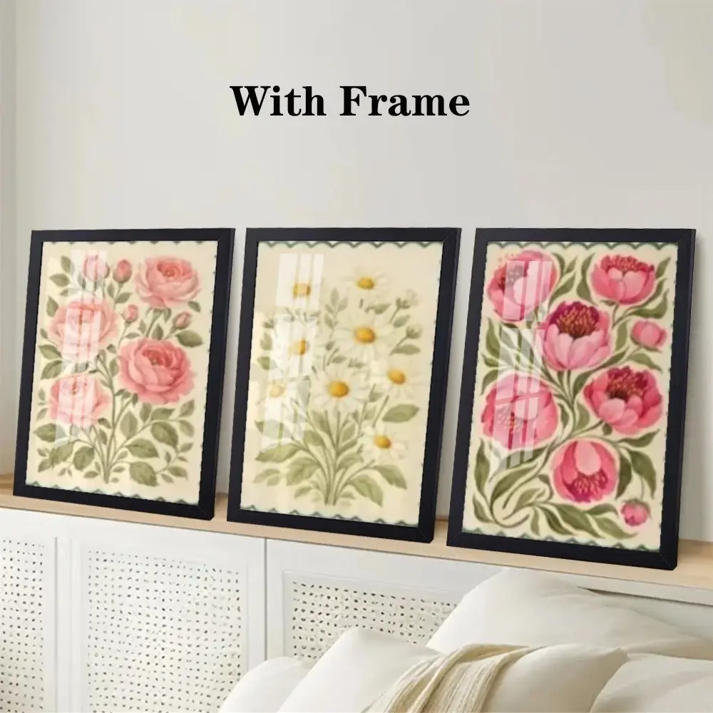 3-piece Summer Peony Colorful Hand-painted Art Prints, Bright Color Wall Decor, Modern Art Style, Framed and Unframed Options Available