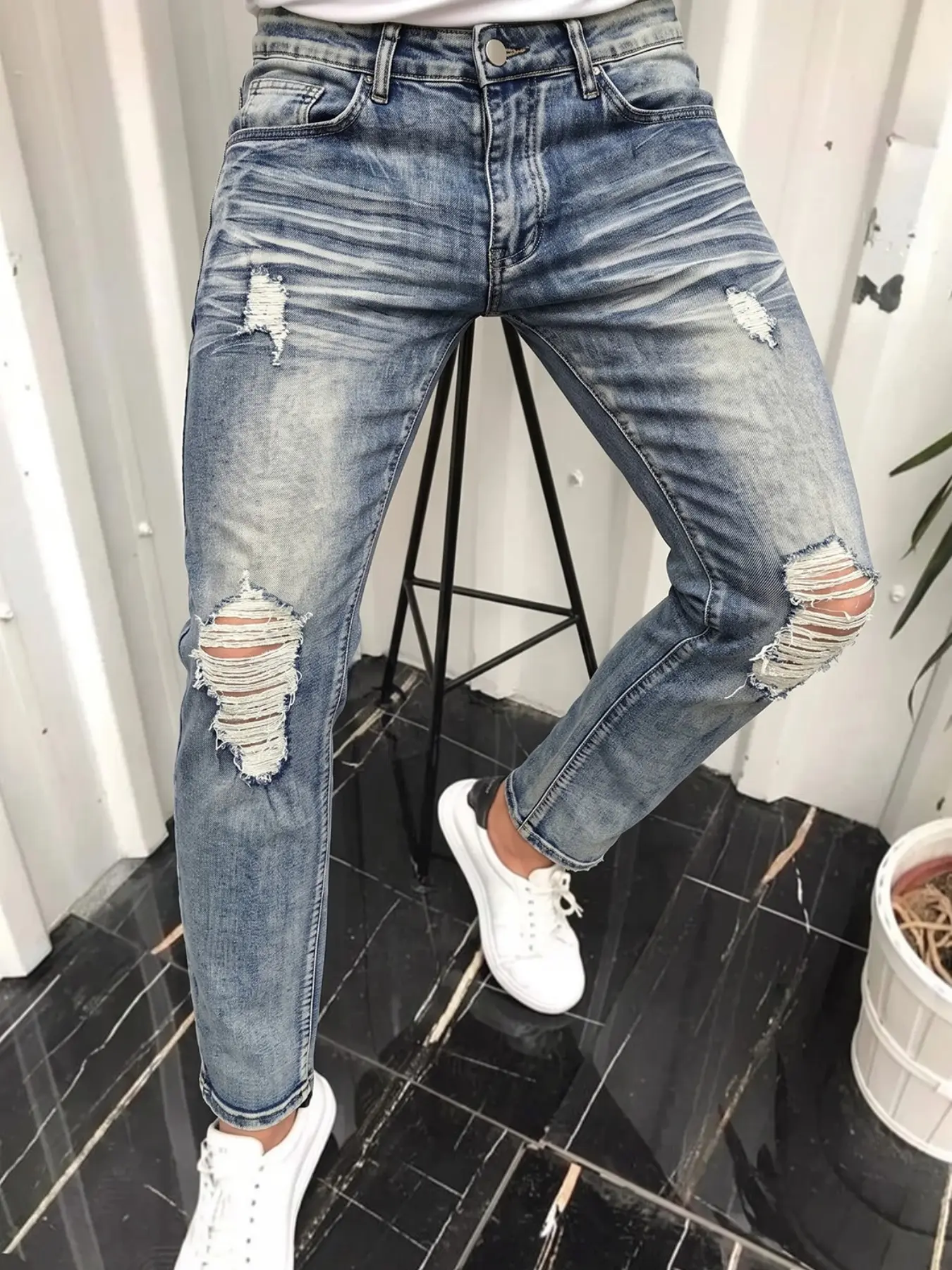 Men's Light Blue Gradient Cat Hair Ripped Straight Leg Jeans, American Style Clean Fit, Washed Bleached Frayed Edge Elastic Slim Fit Long Pants
