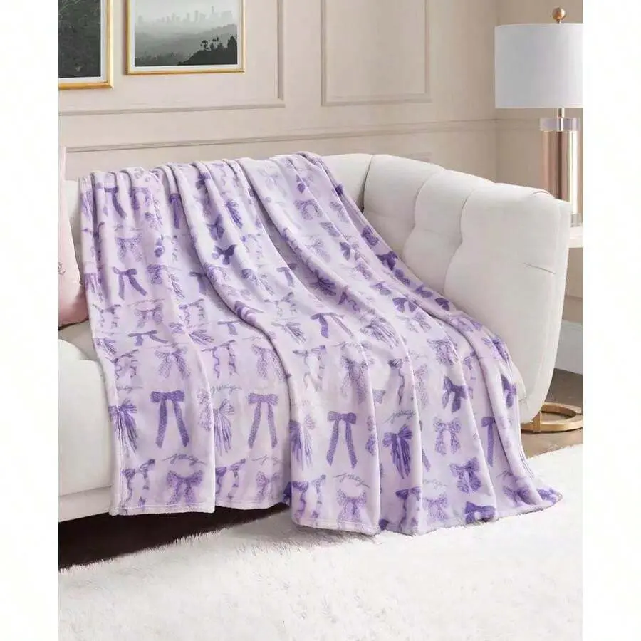 Purple Bow Printed Throw, Bed Blankets For Bedroom, Bed, Sofa, Chair,Couch, Living Room, Office, Nap, Travel, Car, Camping, Home Decoration