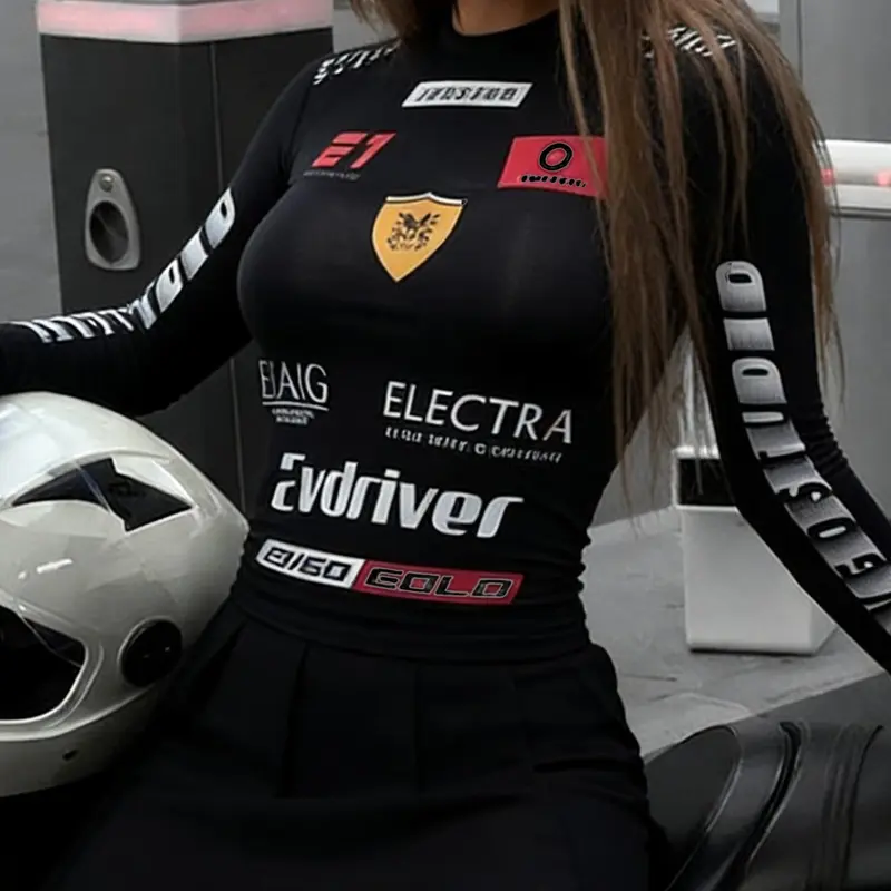 Women's Y2K Racing Driver High Neck Short Top, Racing Prints, Slim Fit Elastic Fabric, Long Sleeve Sun Protection, Spring & Fall Fashion