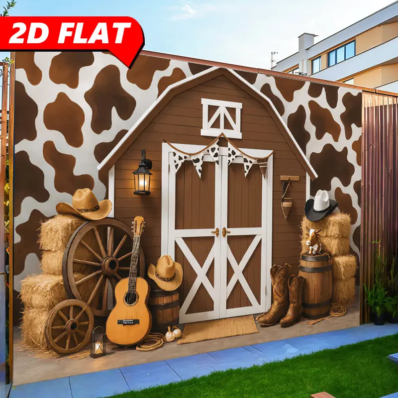 2D flat printed banner, farm barn cowboy-themed backdrop, Party backdrop decoration, image includes brown barn doors, white X-shaped decorations with cow print flags, vintage lanterns, cowboy boots, western hats, wooden barrels, lassos