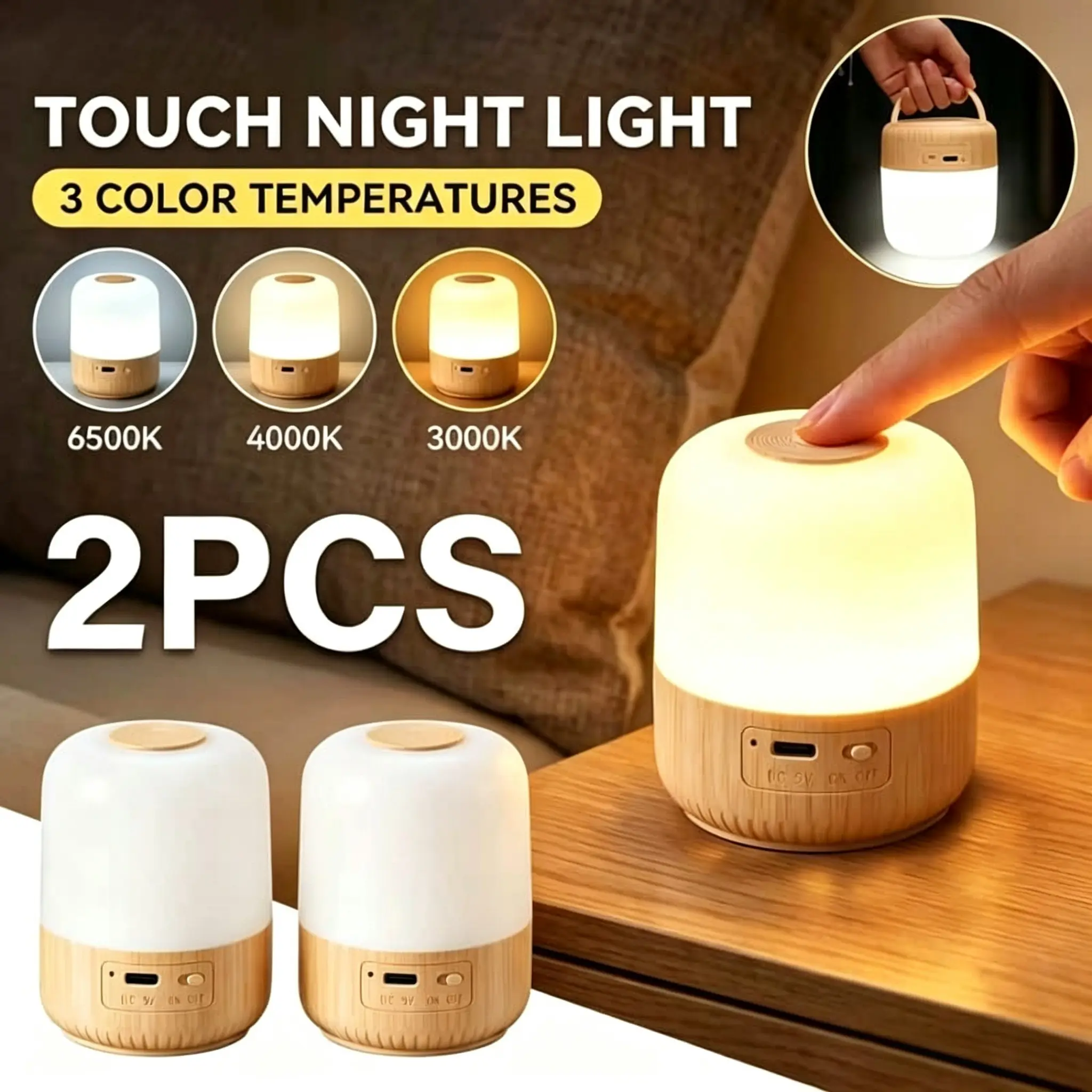 2-Pack/1-Pack LED Smart Touch Night Light, Dimmable Touch Control Bedside Lamp With 3 Color Temperatures, Portable Hanging Camping Light With Hook, For Bedroom Living Room Corridor Kitchen Wardrobe Computer Room