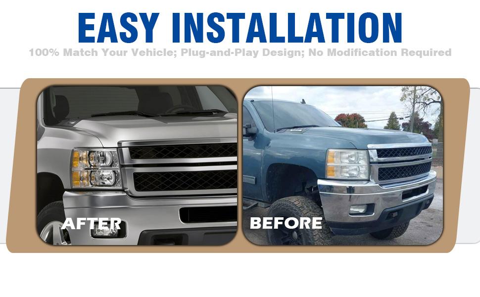 Headlights Assembly with High/Low Beam Bulbs for 2007-2013 Chevy Silverado 1500/ 2007-2014 Silverado 2500 HD 3500 HD, OE Style Replacment Headlamps Pair, Chrome Housing/ Clear Lens/ Clear Reflector