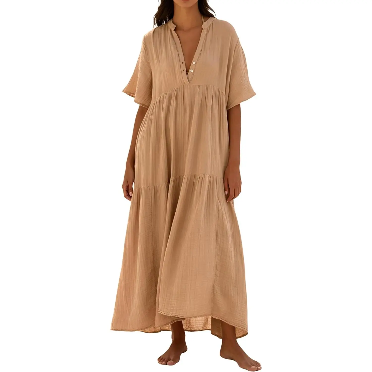 Women's Summer Cotton Flowy Maxi Dress - Shortsleeve, V-Neck, Empire Waist, Boho Tiered Layer, Casual Loose Ruffled Blouse