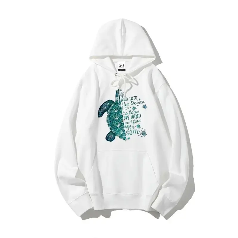 Women's Cute Sweatshirt with Printed Turtle Graphic, Long Sleeve Pullover Hoodie, Loose-Fitting, Machine Wash, Lady, Preppy, Clothes, Party, Cotton, Elegant, Holiday