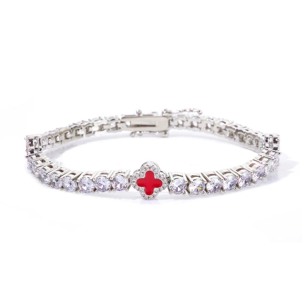 Women White Gold Plated Tennis Bracelet Iced Out CZ Chain Red Green Blue Black Clover Charm Hip Hop Jewelry