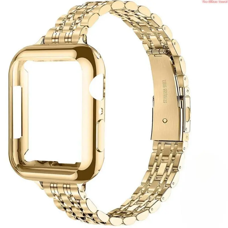 Solid Stainless Steel 7 Beads Band with Butterfly Clasp & Case Set Compatible for Apple Watch Series 8/9/10/11 Ultra SE,41/45/49mm Sizes(Watch Not Included)