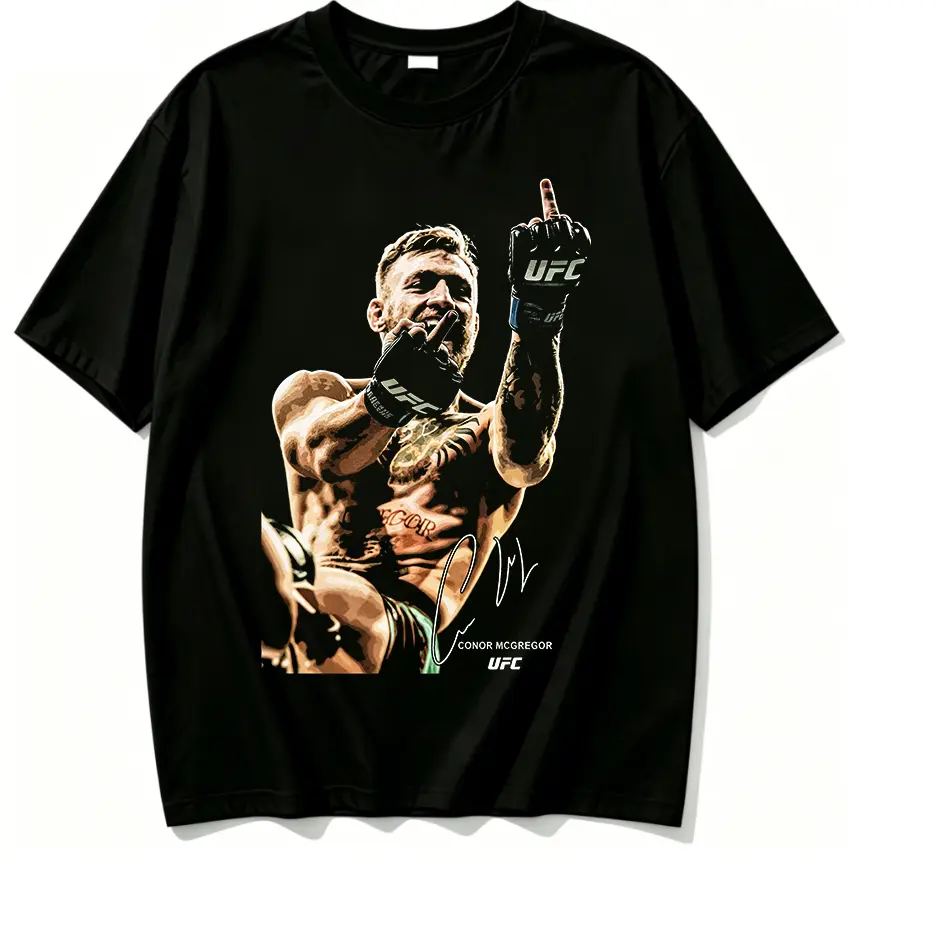 100% Cotton UFC Conor McGregor Middle Finger Celebration Portrait Signature Graphic T Shirt Legendary Fighter Retro Pop Art Print Loose Fit Soft Cotton Short Sleeve Streetwear Casual Tee