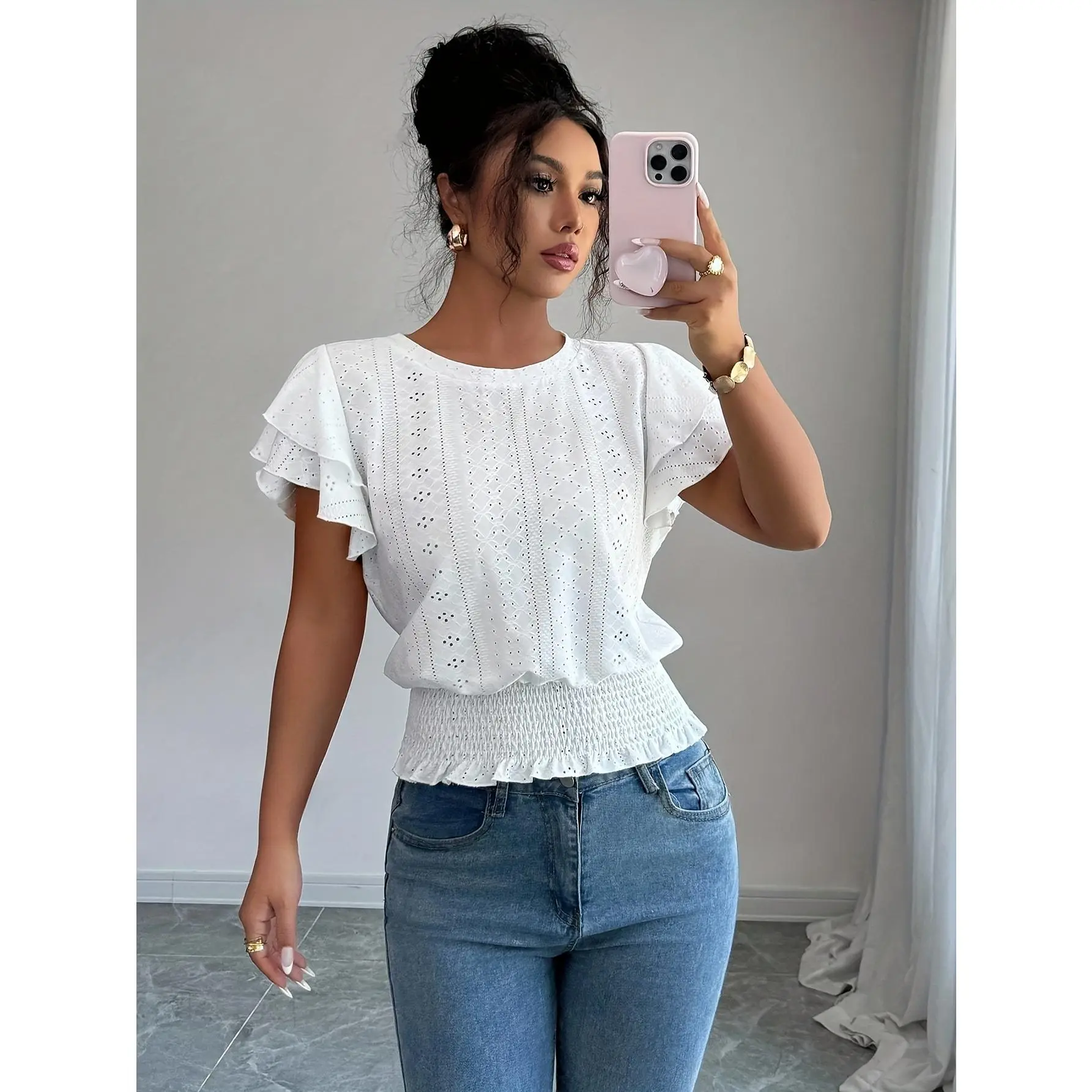 Ladies' Elegant Ruffled Sleeve Short Sleeve T-Shirt