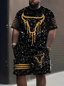 2-Piece Plus Size Men's T-Shirt Set, Casual Graphic Ink Print Tee with Shorts, Loose-Fitting Short Sleeve Top, Natural Waist, All over Print