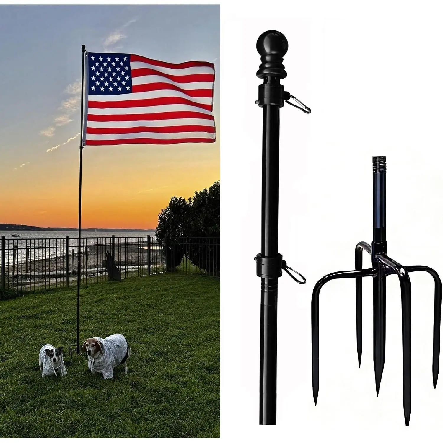 10ft Black Flag Poles in Ground for Outside, Flagpole Stand for House Ground with 5 Pronges Base