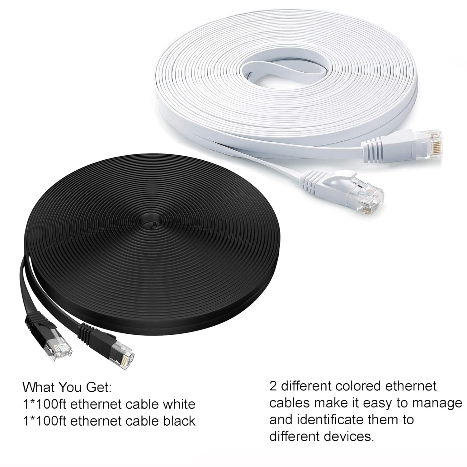 Ethernet  100 ft 2 Pack  6 Flat  Ethernet Cord, Slim Long Cat6 High Speed Computer Router Network LAN Patch Wire with Clips & Rj45,Faster Than Cat5e/Cat5,100  White+Black
