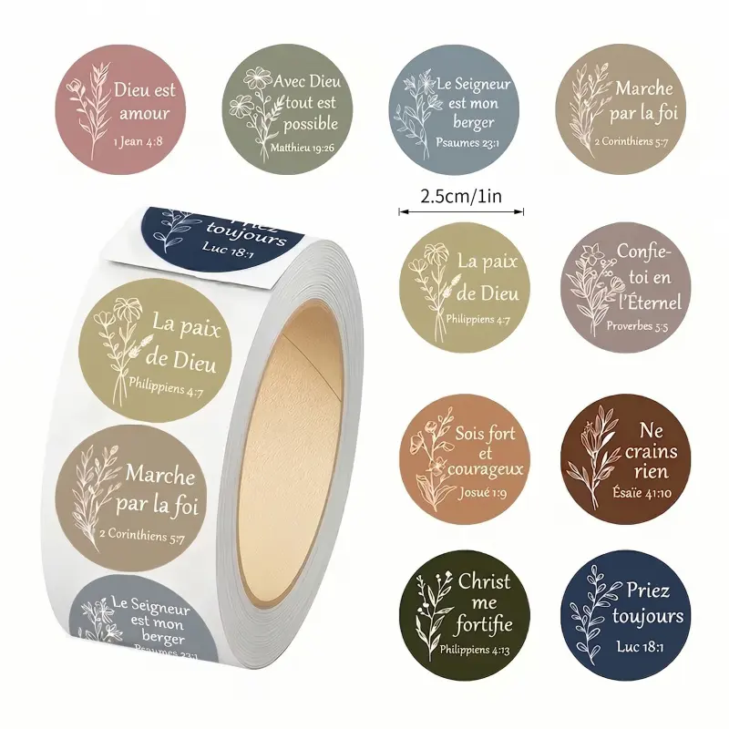500pcs French Bible Verse Stickers Roll, Autocollants Versets Bibliques Chretiens, Muted Earth Tone Floral Scriptural Round Labels for Journaling, Faith Scrapbooking, Envelope Sealing, Church Gift Decor, Inspirational Stickers