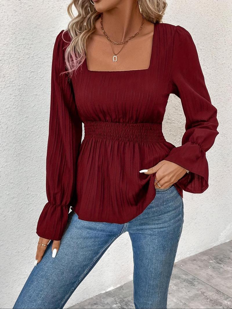 Women's Textured Flounce Sleeve Blouse, Casual Classy Solid Square Neck Top for Spring & Fall, Women's Clothing for Daily Wear