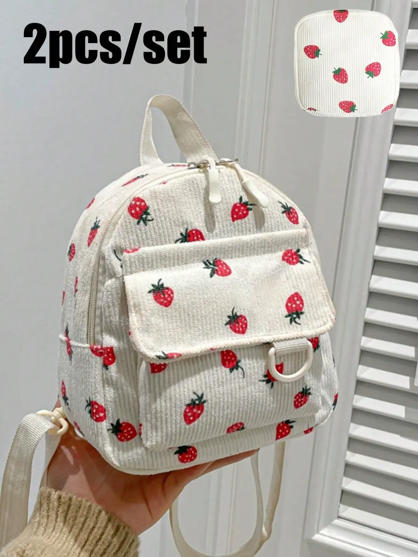 Strawberry Print Velveteen Mini Backpack, Cute Style Small Backpack, Zippered Storage Bag, Ideal for Girls, Daily Use, Travel, Casual Wear, Gift Option