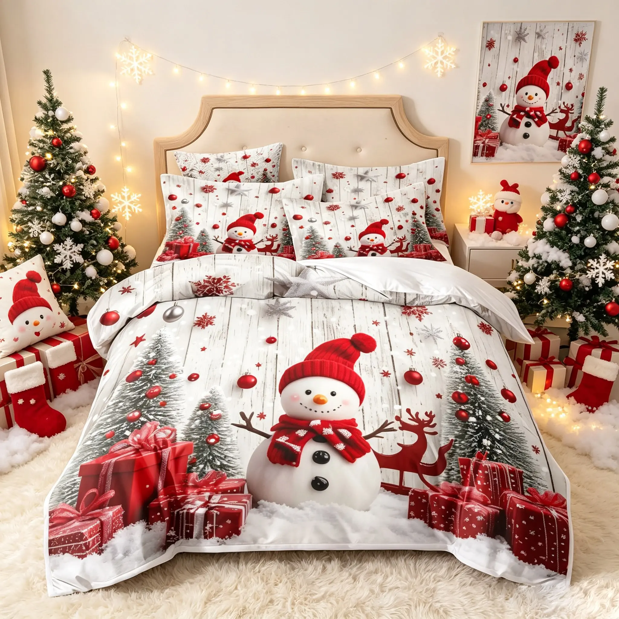 3-Piece Christmas Duvet Cover Set, Snowman Tree Pattern, Printed Bedding Set, Soft Fabric, No Padding, Ideal for Bedroom, Hotel, Dorm, Perfect Gift