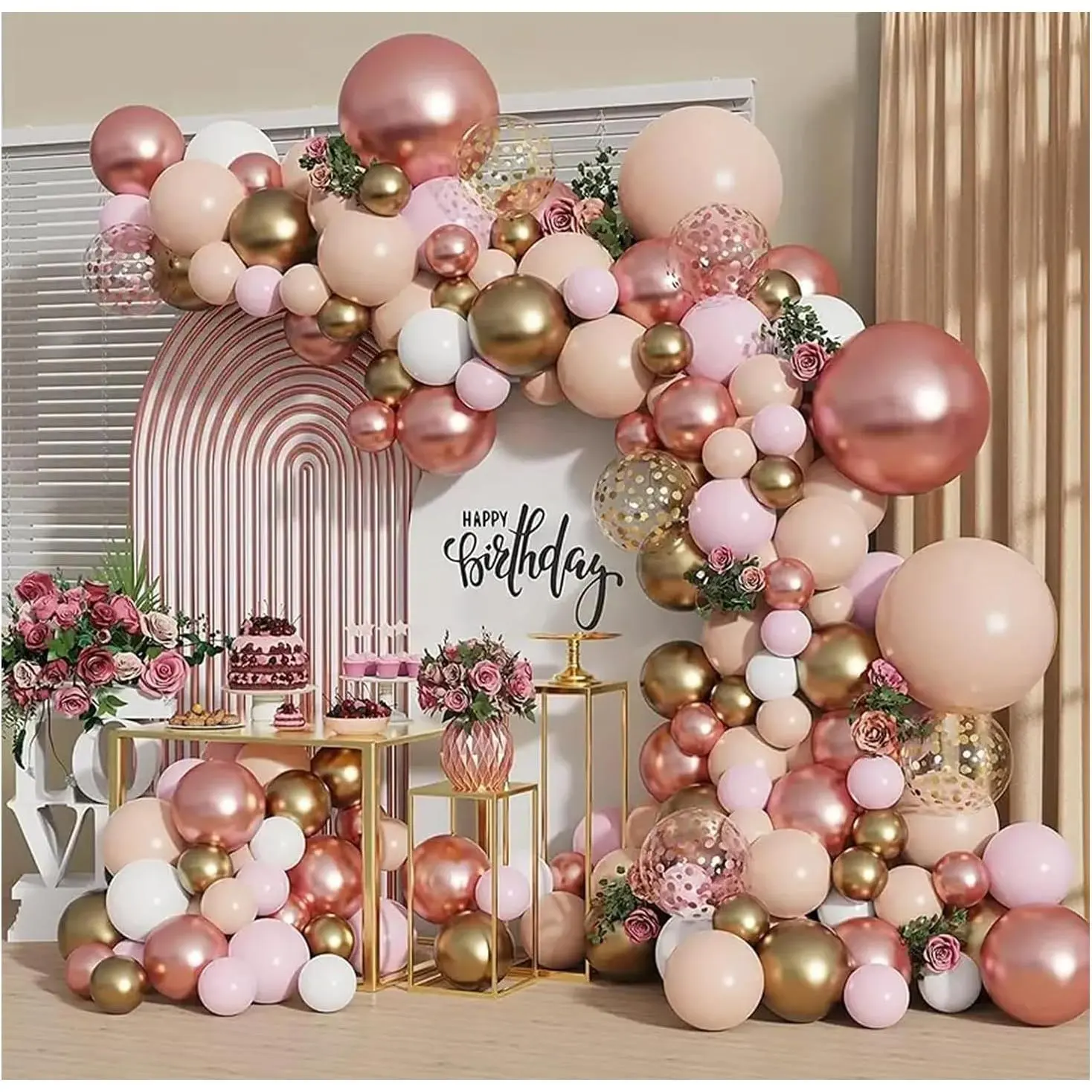 Rose  Balloon Garland Kit, Nude Pastel  Metallic  Matte White Balloons  and Rose  Confetti Balloons for Valentines Day Wedding Bridal Shower Party Girl Birthday Decorations