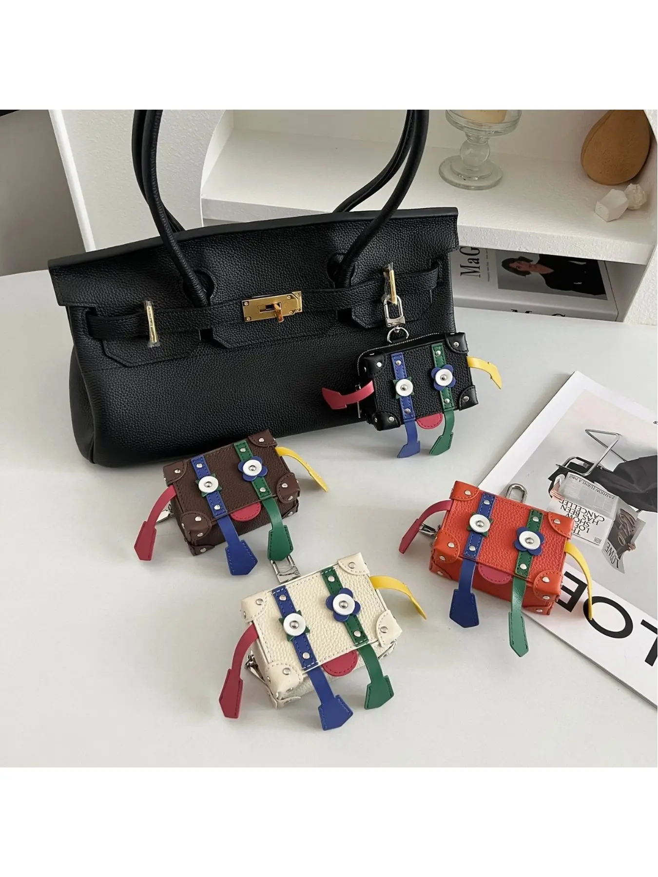 newcolorblockminirobotsquarebagcharmhighlooksearphonekeychainpendant