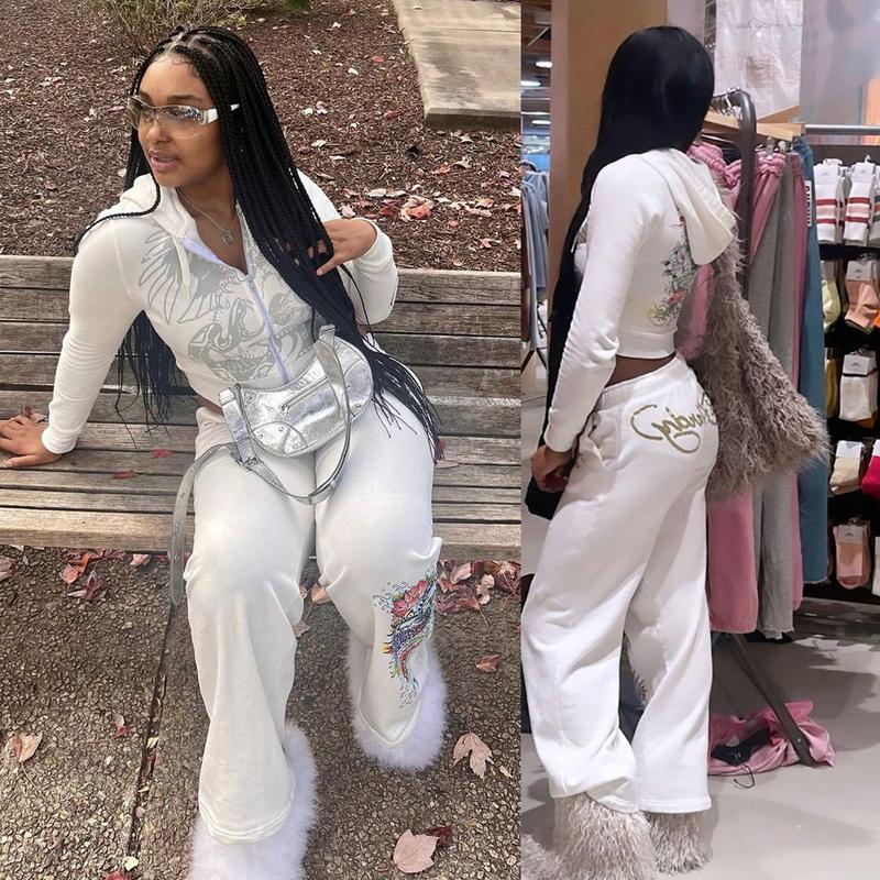 2 Piece Sets Womens Clothing Letter Print Sweatsuit  Zipper  and Sweat Pants Suits Tracksuit Set Womenswear Comfort Fitted Hot Pink Hoodie