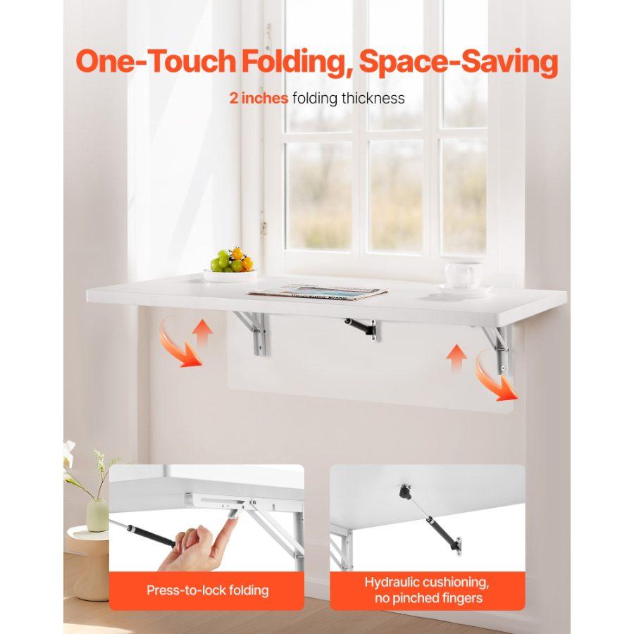 VEVOR Wall Mounted Folding Table, 39.4x 19.7 inches Wall Mount Table, Floating Desk with Iron Bracket, Fold Down Desk for Small Spaces, Home Office, Dining, Laundry Room, Kitchen, Bar, White