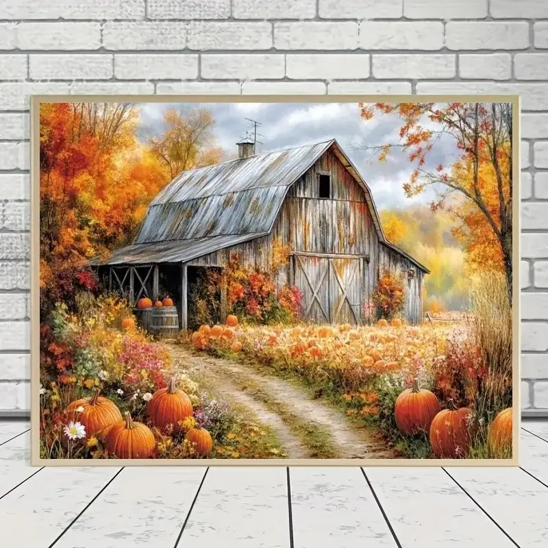 5D DIY Diamond Painting Kits for Adults Beginners, Full Drill Rustic Barn Pumpkin Patch Gem Art Sets, Autumn Forest Landscape Harvest Season Rhinestone Canvas Craft Kits, Thanksgiving Aesthetic Home Living Room Wall Decor Painting Gifts