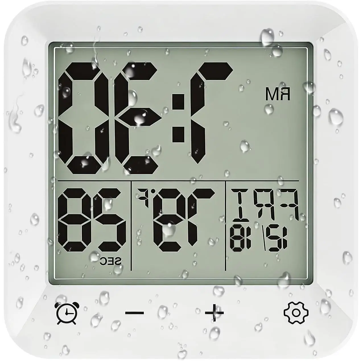 Waterproof Bathroom Shower Clock with Countdown Timer, Touch Screen LCD Display, Temperature, Suction Cup Hanging Hole Stand for Spa Sauna, White