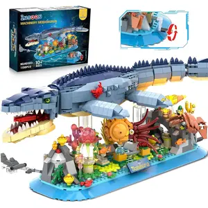 INSOON Mosasaurus Building Set with LED Light, 1219 PCS Movable Ocean Animal Building Block Toy with Nautiluses Jellyfish Squid Coral Reef, Ancient Reptile Home Decor Gift for Adults Teens Boys 12+