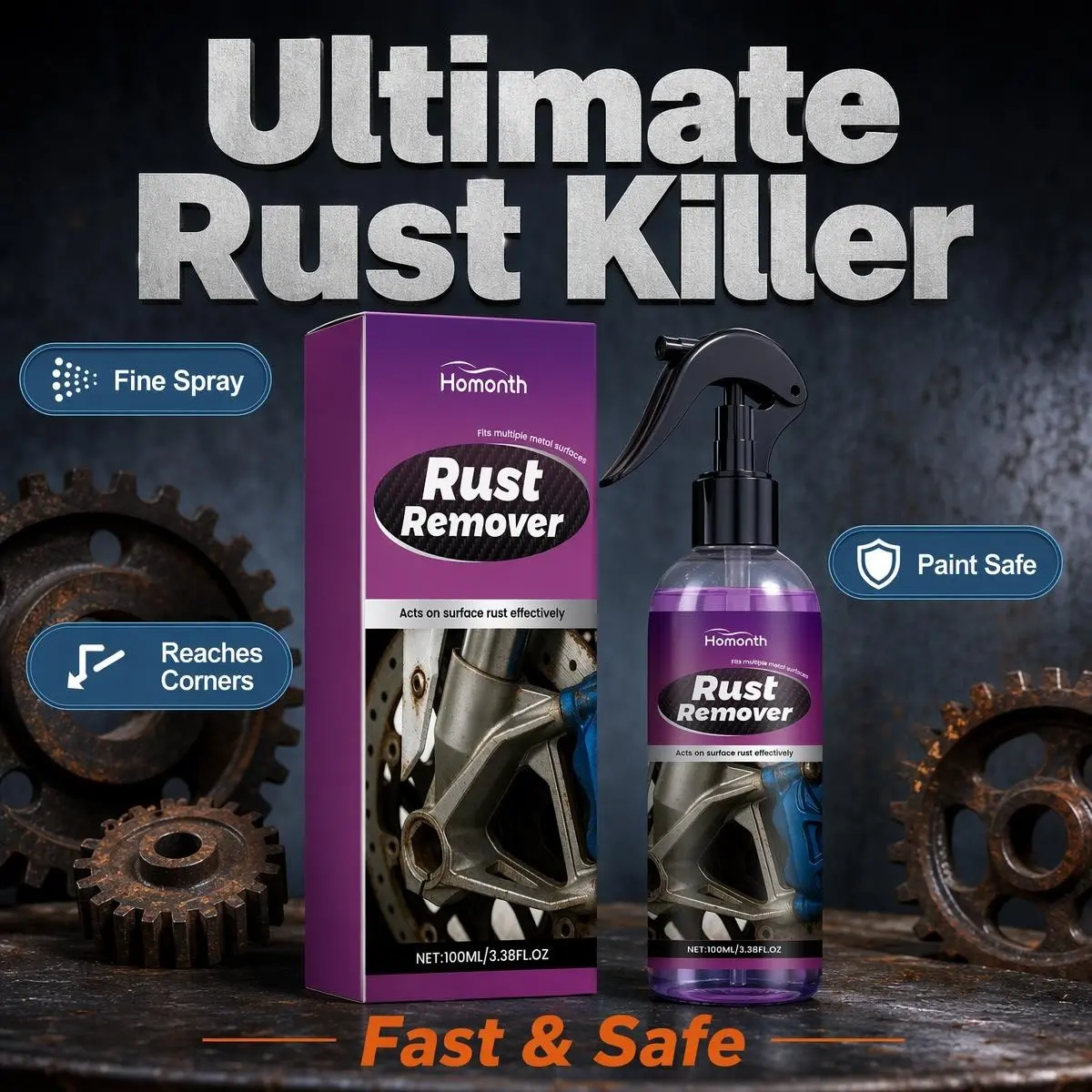 Multi-Functional Metal Rust Remover Spray, Car Motorcycle Wheel HUB Frame Hardware Care, Household Industrial Rust Cleaning Agent, 100ML