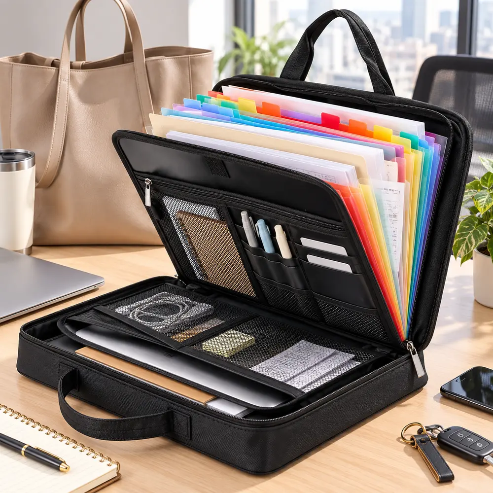 Accordion Document Organizer Bag for Home, Work and Outdoor Use, 13 labeled pockets help sort A4 papers, certificates, bills, receipts and contracts, compact file folder style fits office, school, household and travel paperwork needs
