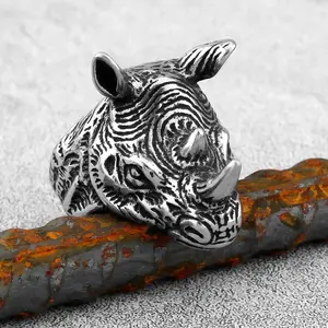 Stainless Steel Men's Animal Big Rhino Ring Hip Hop Biker Punk Fashion Ring Creative Charm High Quality Jewelry Gift Wholesale