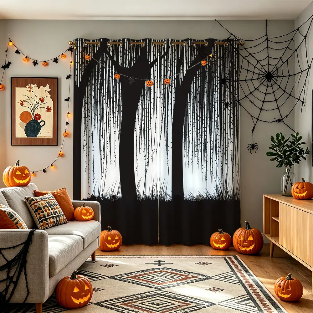 Horror Gothic Halloween 2 Panel Blackout Curtains, Dead Tree Blood Mist Bat Print Window Drapes, Spooky Haunted Forest Bedroom Decor Curtains
