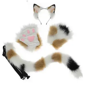 New Hand Made Cat Ears Cosplay Costume Set Plush Cat Tail Ear Paws Gloves Kit for Anime Accessories Headwear Neko Fantasy Set