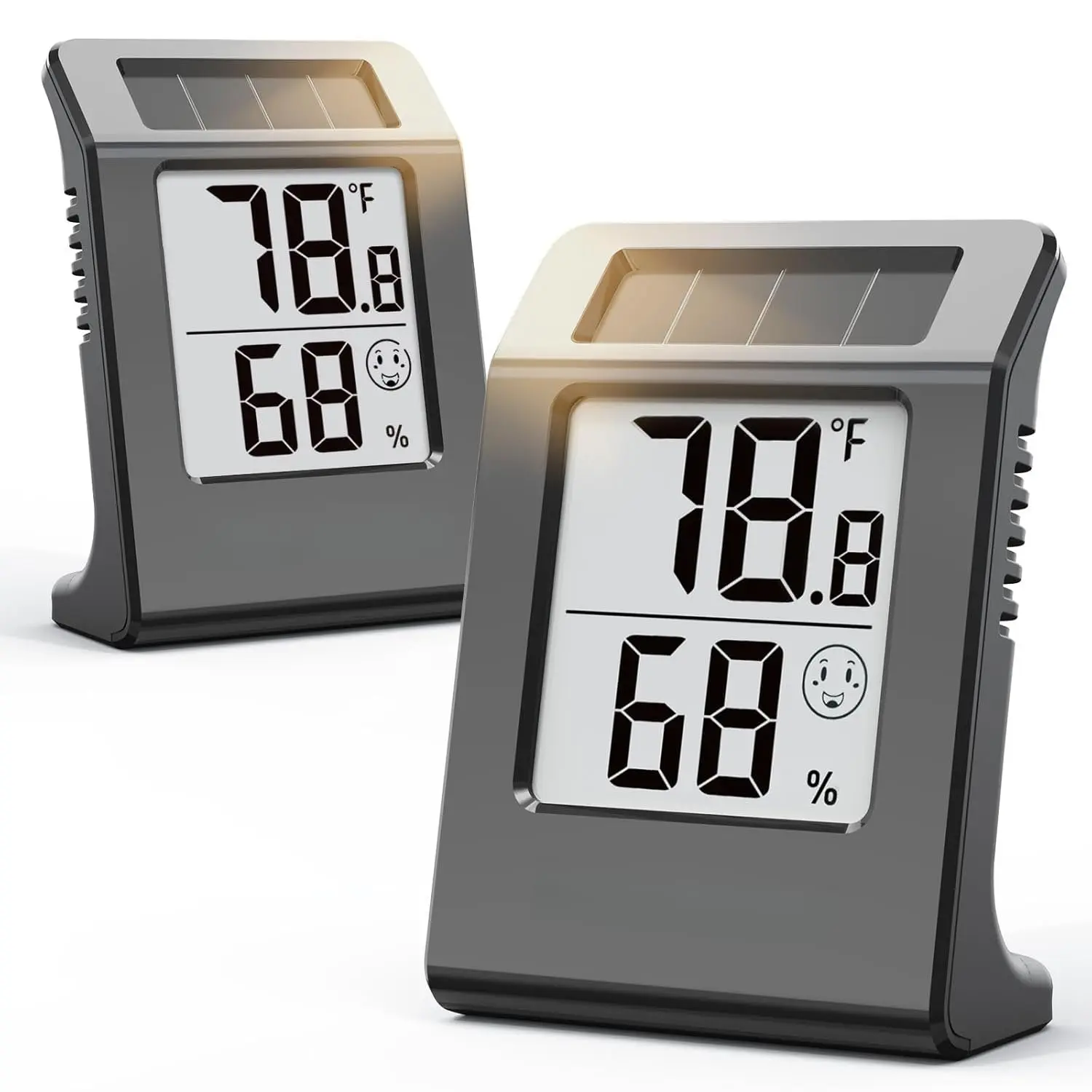 2-Pack Solar Powered Digital Hygrometer Thermometer (Black) - No Setup Needed, Auto Backup Mode, 10s High Accuracy Data, Comfort Meter, Rear Hook for Bedroom/Greenhouse