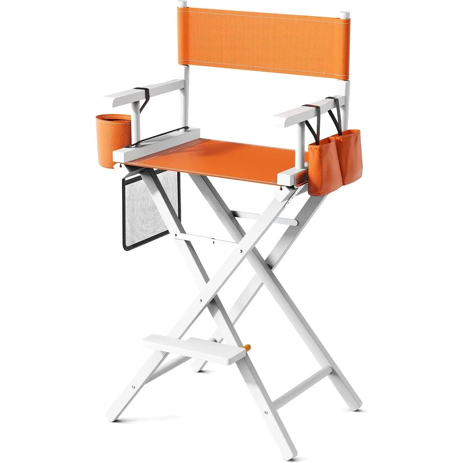 Director's Chair 31" Height Folding Portable w/Storage Pouch & Footrest, Makeup Artist Chair for Salon, Events, Mobile, 250lb Capacity, White Wood Frame & Orange Canvas Seat