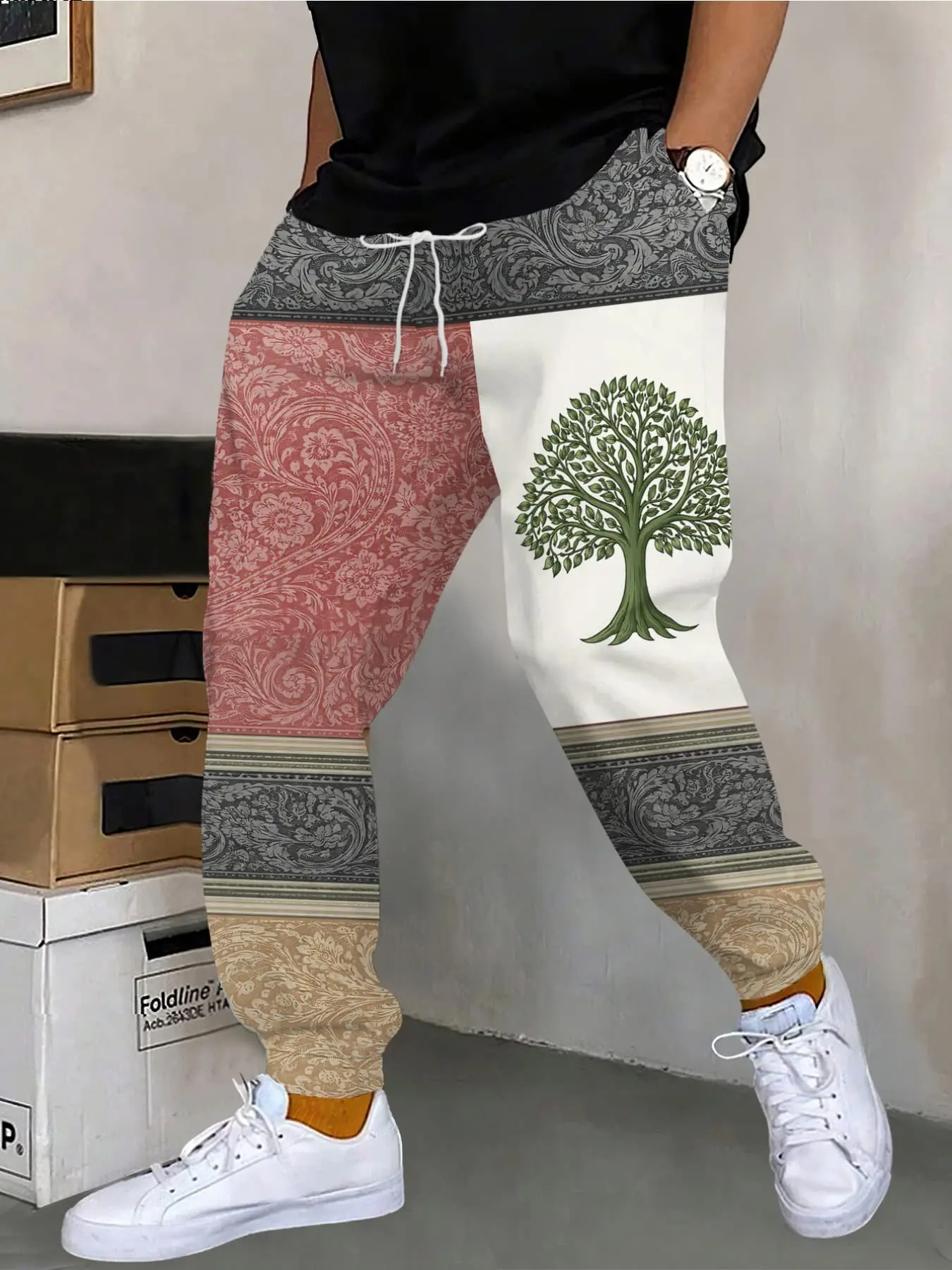 Ethnic Style Patchwork Life Tree Print Jogger Pants, Vintage Paisley Floral Loose Fit Casual Running Long Pants, Fall Season